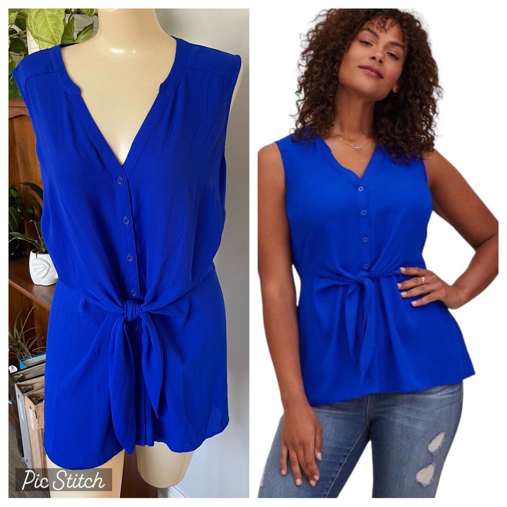 Torrid Plus Size Tie Front Georgette Blue Sleeveless Button Blouse Top Size 1